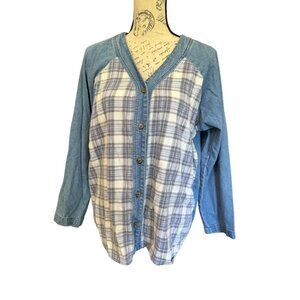 Lajate Denim & Plaid Flannel Button Down Shirt Shacket Womens Large 80s Vintage